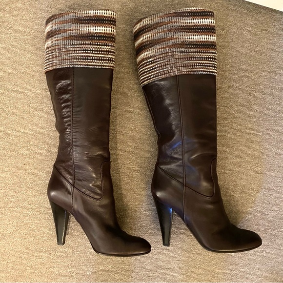 Missoni Brown Leather Boots Knit Striped Block Heel Knee High w/box 8.5 EU 38.5 - Picture 5 of 15